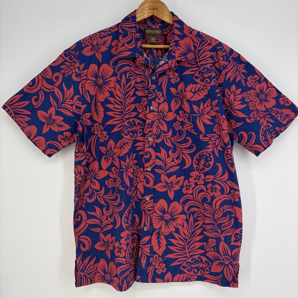Cooke Street Hawaiian Shirt Mens XL Blue Red Hibiscus Tropical Cotton Aloha 🚨🚨